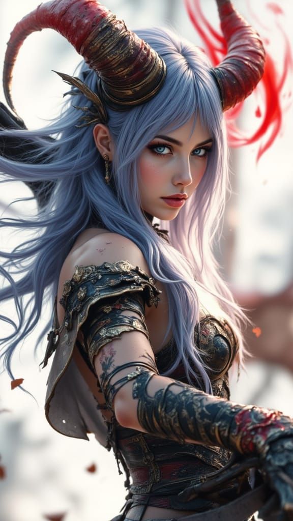 Demon Goddess with Horns and Wings in Dramatic Lighting