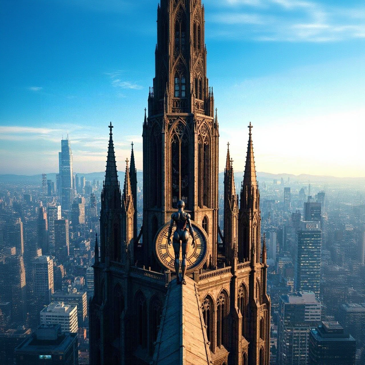 Close up of a solitary figure, a female robot, stands on top of  a colossal, ancient clockwork cathedral overlooking a cyberpunk city, in th...