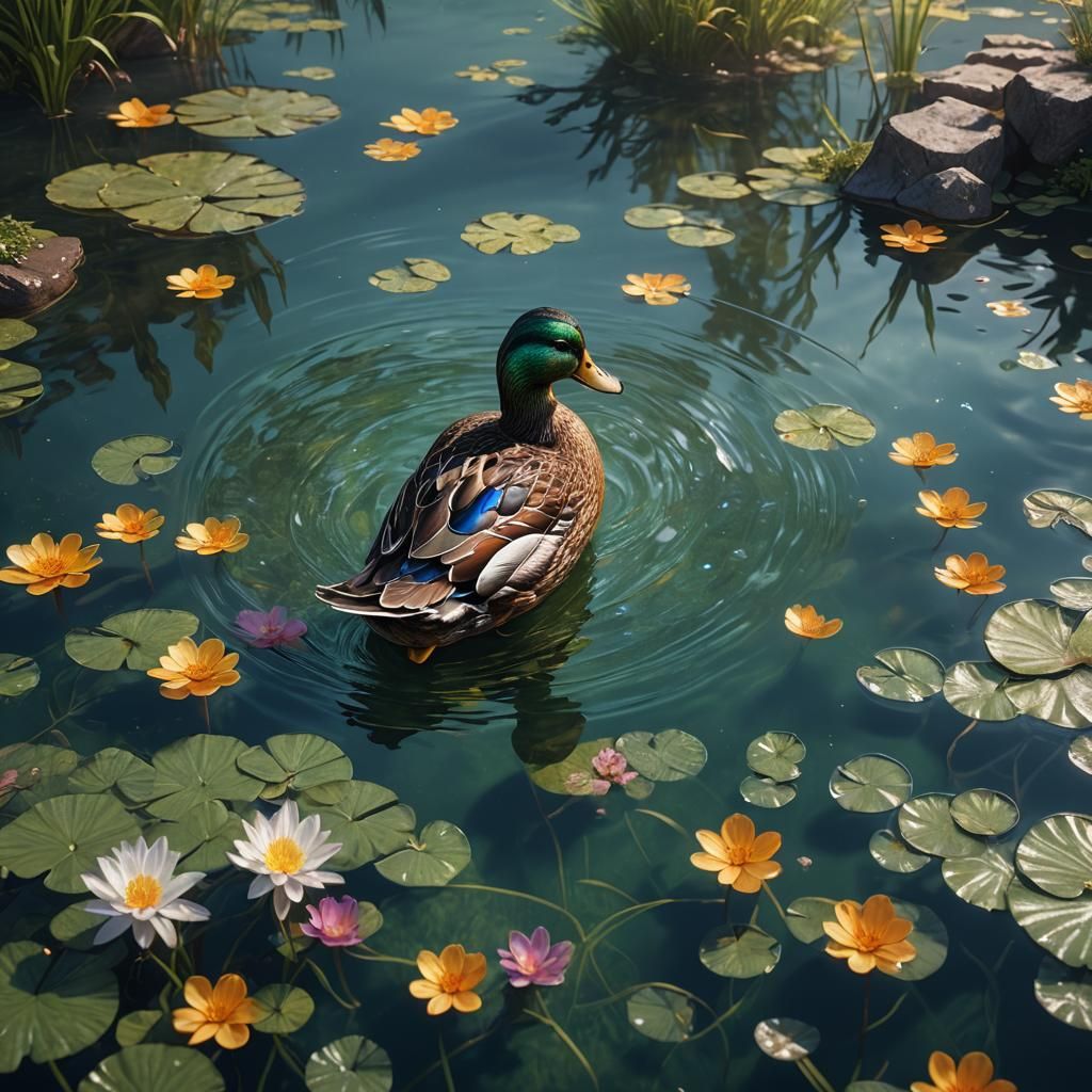 A duck swimming in a crystal clear pond