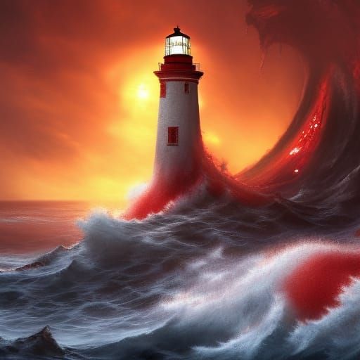 waves of blood crashing into a lighthouse