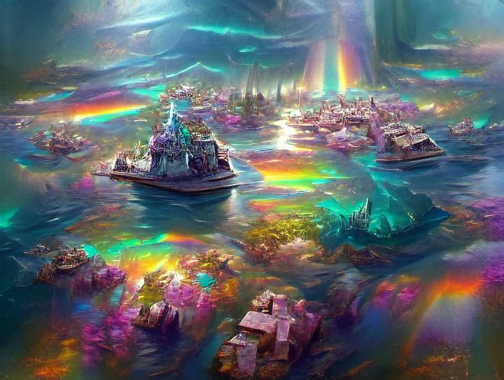 Opalescent cathedral upon the sea in psychedelic colors by T...