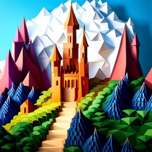 Fairytale, moutaintop castle in a 3d paper fantasy world