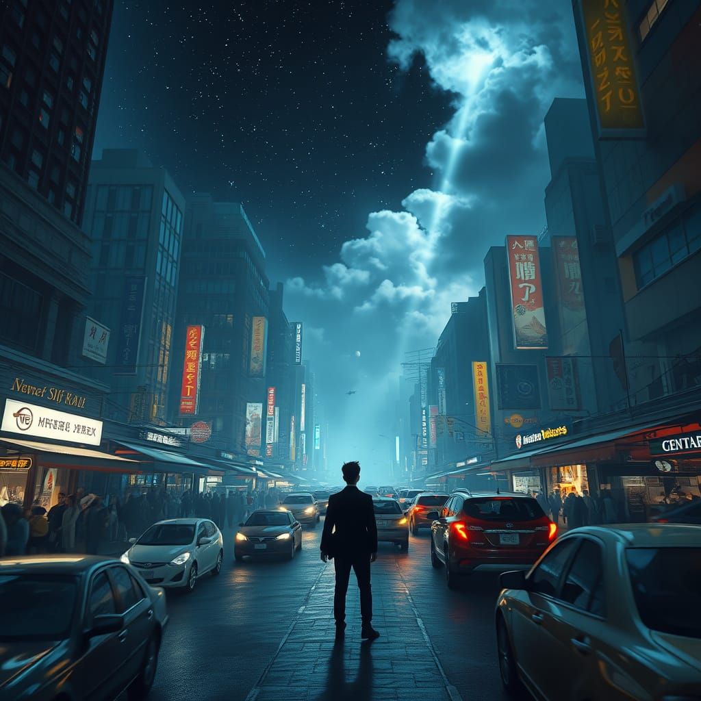 Ethereal Figure Gazing at Starry Sky