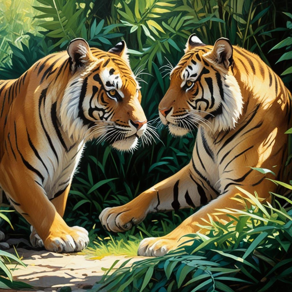 dos tigres en la selva - Two Tigers in a Vibrant Jungle Scen...