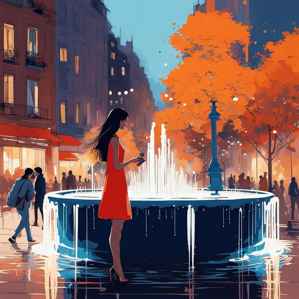 Beautiful Girl at Water Fountain.