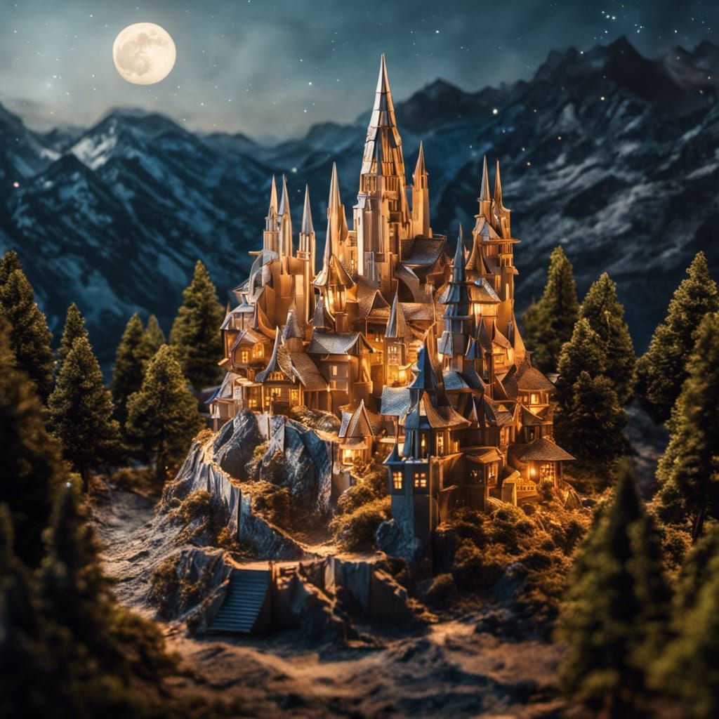 Origami castle in a  real life landscape