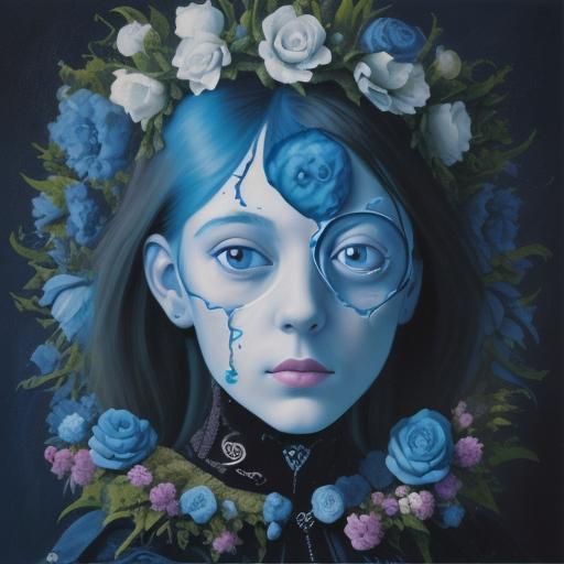 Zartes Portrait eines süßen Mädchens, überwiegend blau, viel...