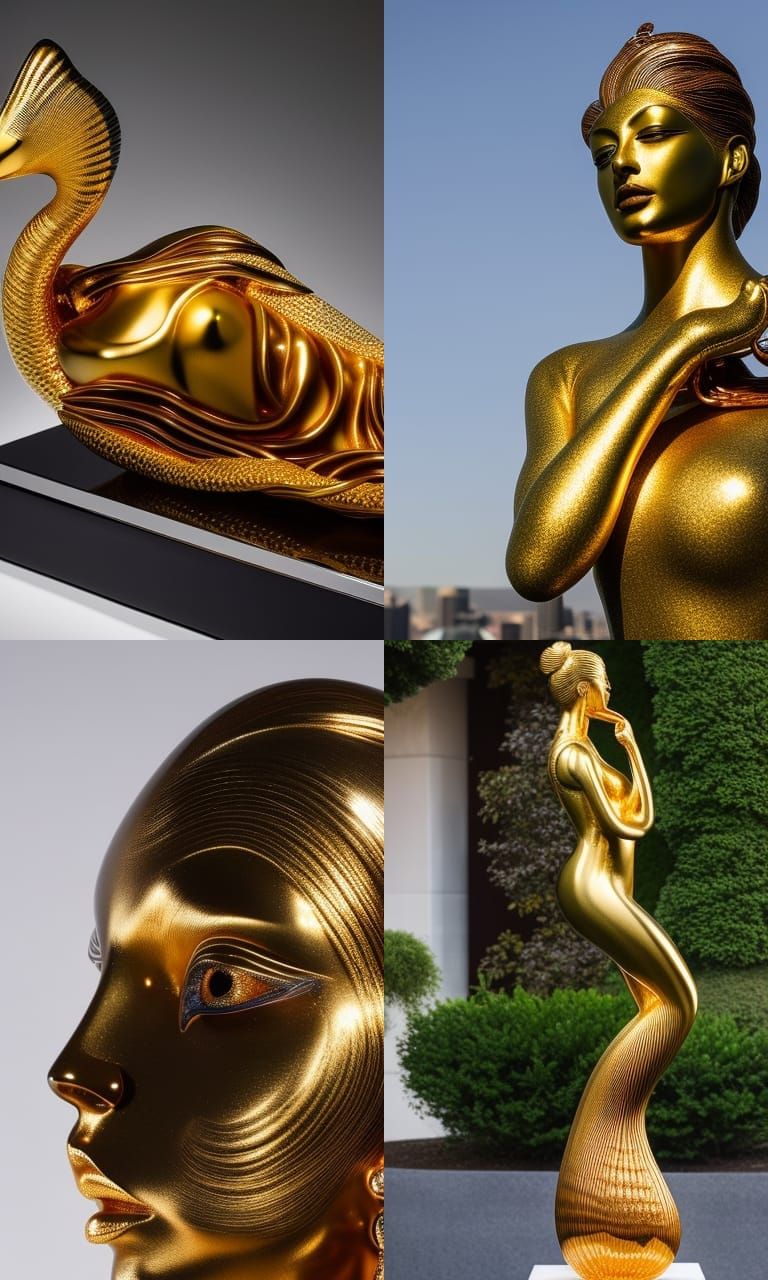 Beautiful Female Thinker Statue with hand on chin Rodan Chihuly 3D sculptured glass and precious metals metallic gold si...