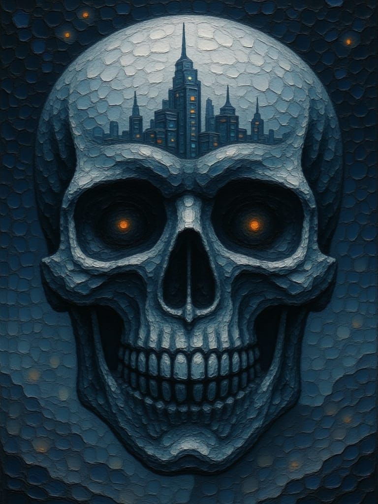 <lora:Blob Style:1.0> city inside a skull, silver moon