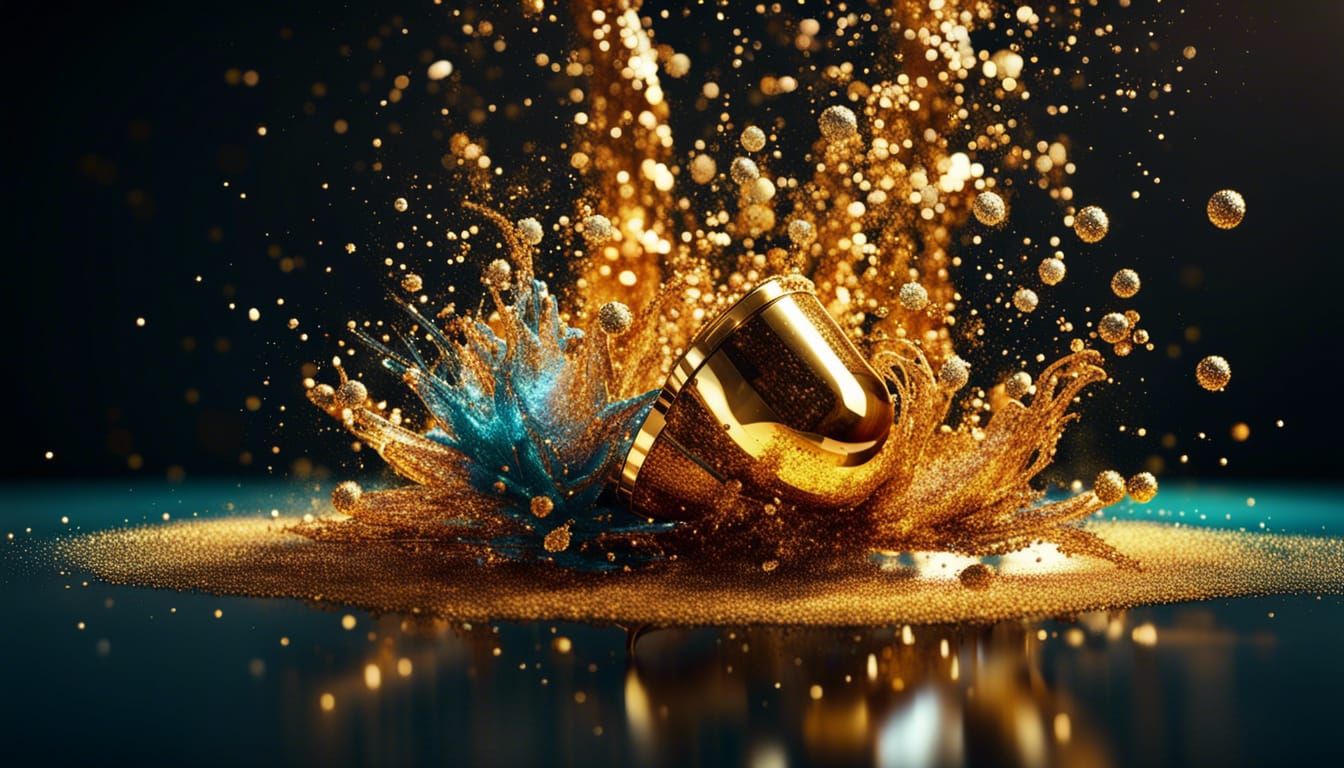 Glitter explosion with reflection in water, made of coloured particles, high contrast: Golden glitter: 3D: ultra-fine de...