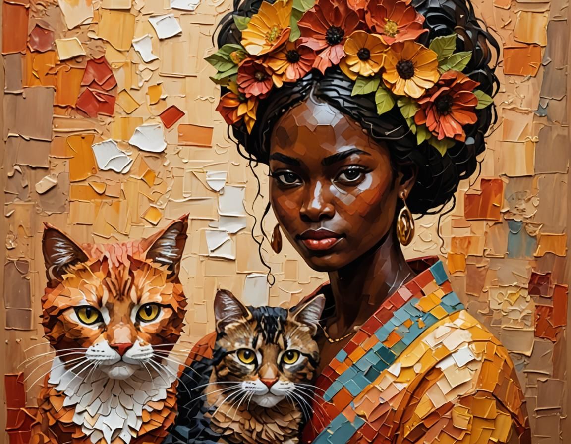 an impasto-themed Woman (melanin) and cat... detailed, warm colors  by @Carol