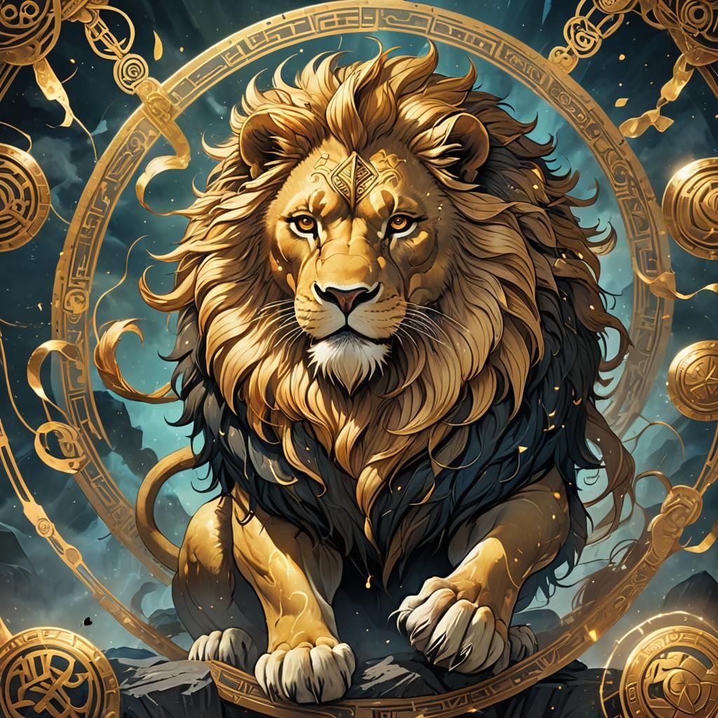 A mistical lion with golden viking runes floating around his...