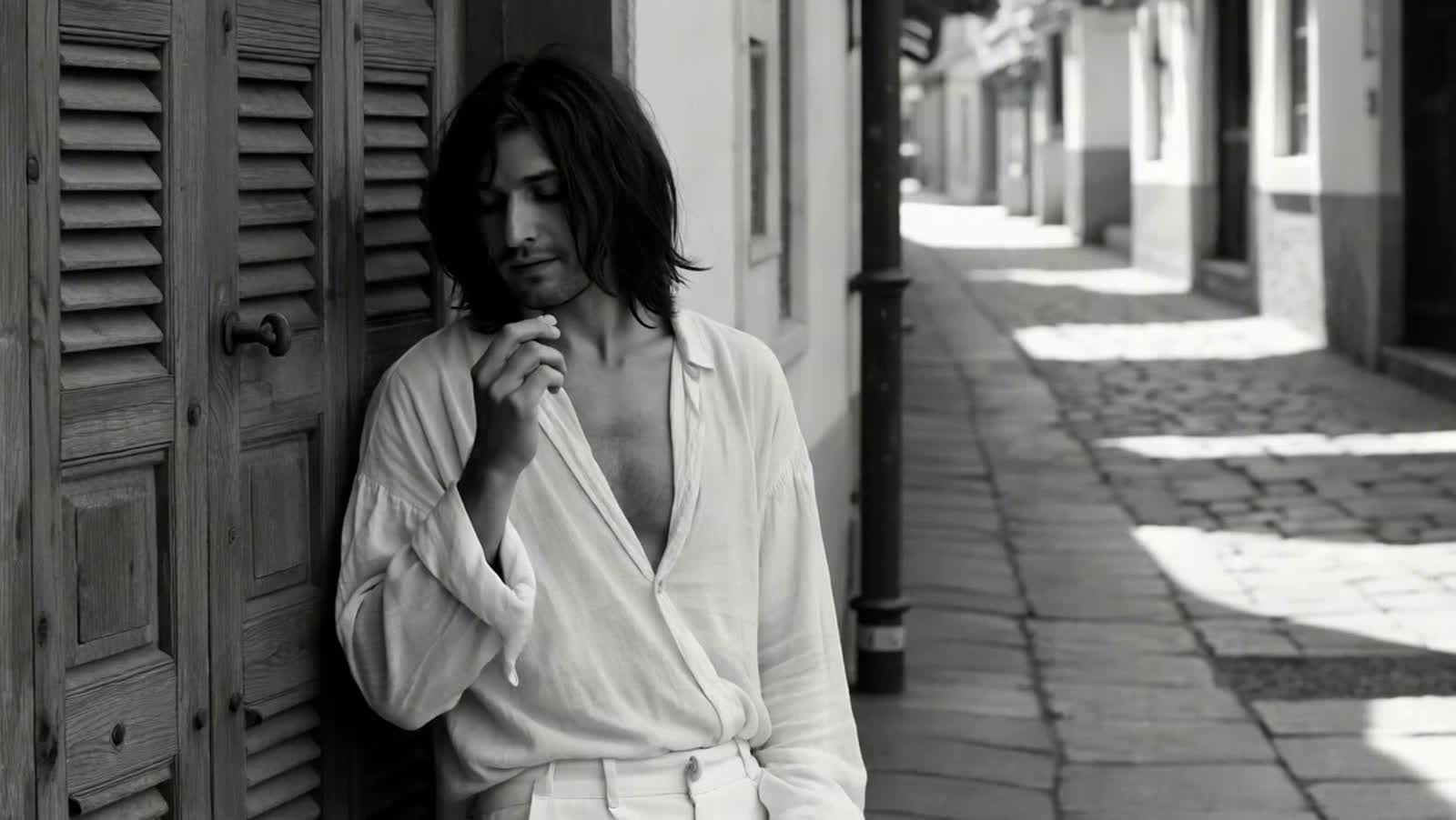 A photorealistic, medium shot, black and white portrait presents a young Caucasian man, late teens, early twenties, posi...