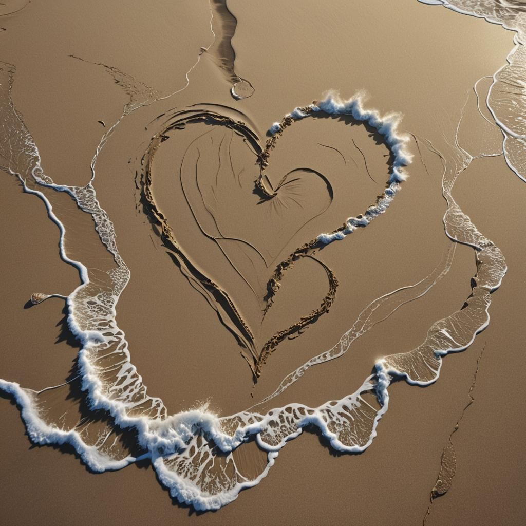 "A heart drawn in the sand being erased by the waves of the ...