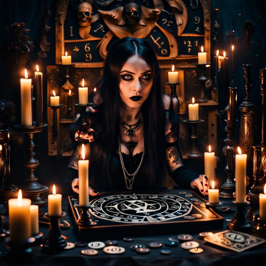 goth girl surrounded by candles ,playing with a Ouija board at night ...