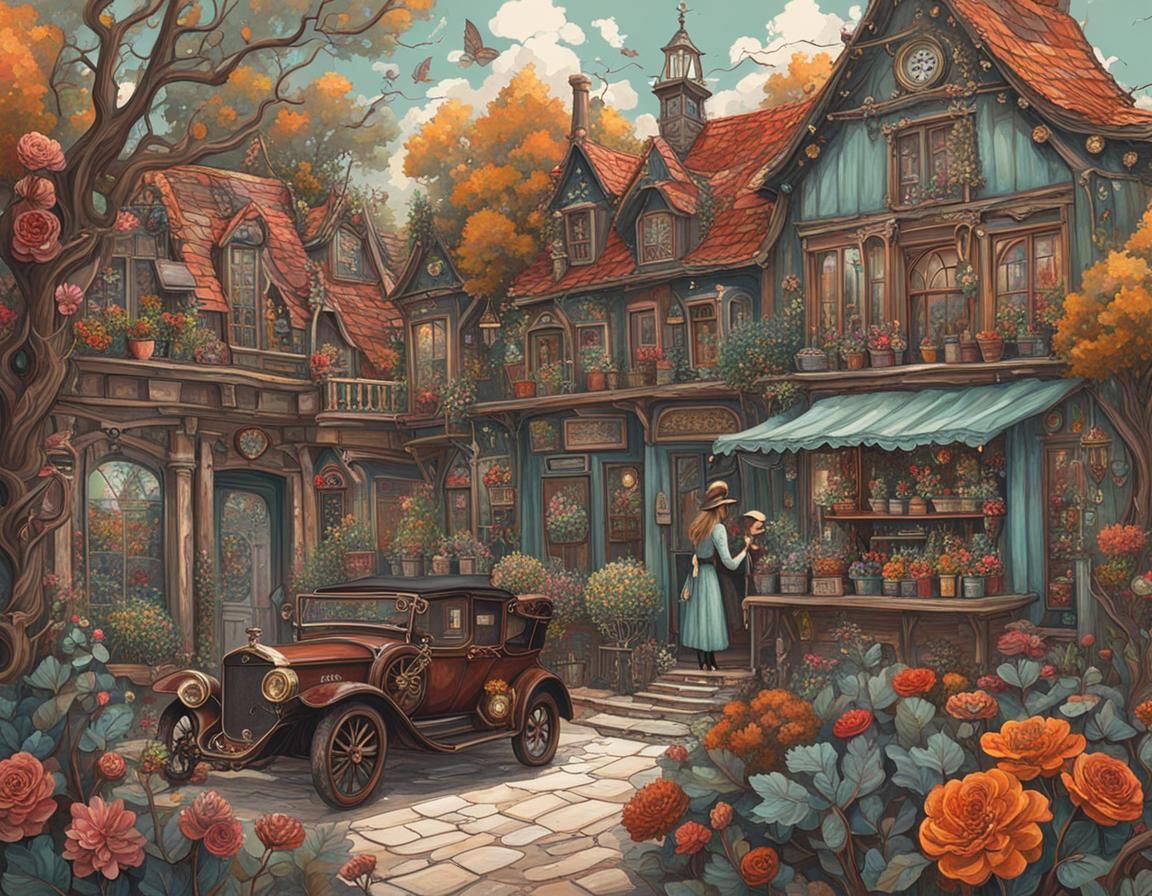 An old Village, Cars, Garden, Trees, A woman in a flower sho...