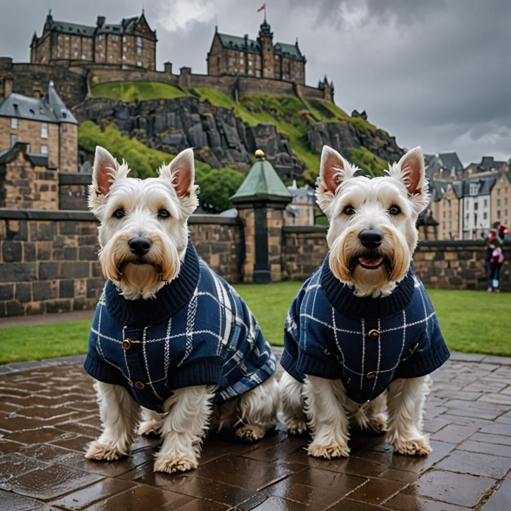 soft rain, two white scottish terriers in plaid sweaters with Edinburgh castle in background
 sharp focus, ...  by @Xtine