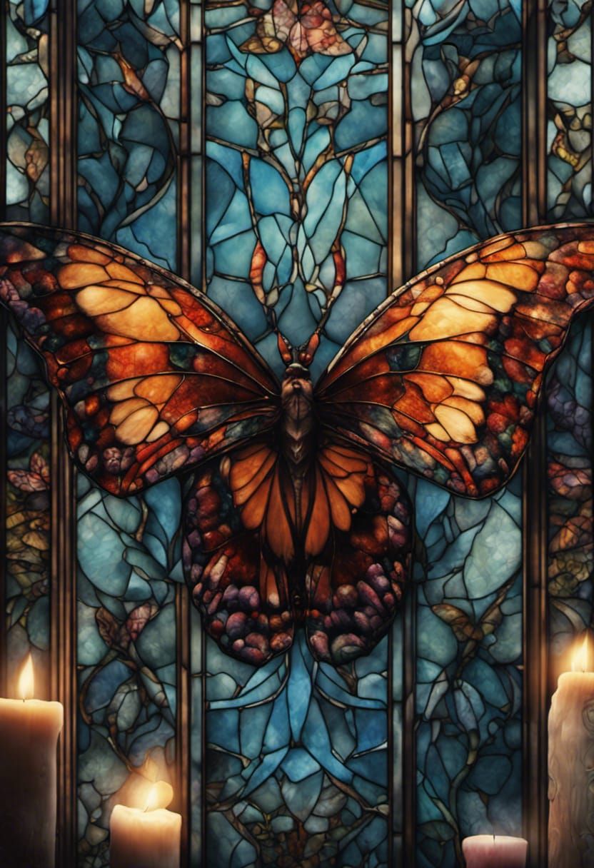 Butterfly, stained glass window, depth and focus, details, candles  by @Aneliya