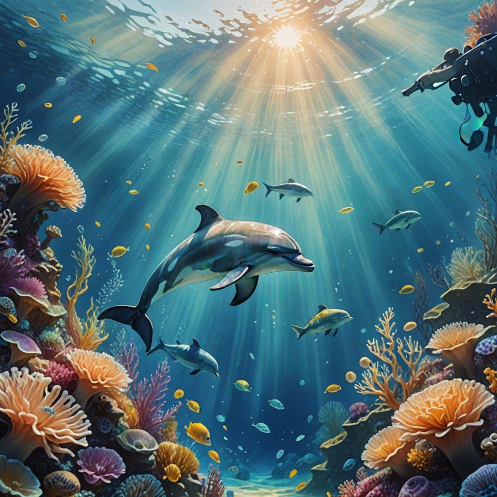 Under the sea, a playful dolphin 
