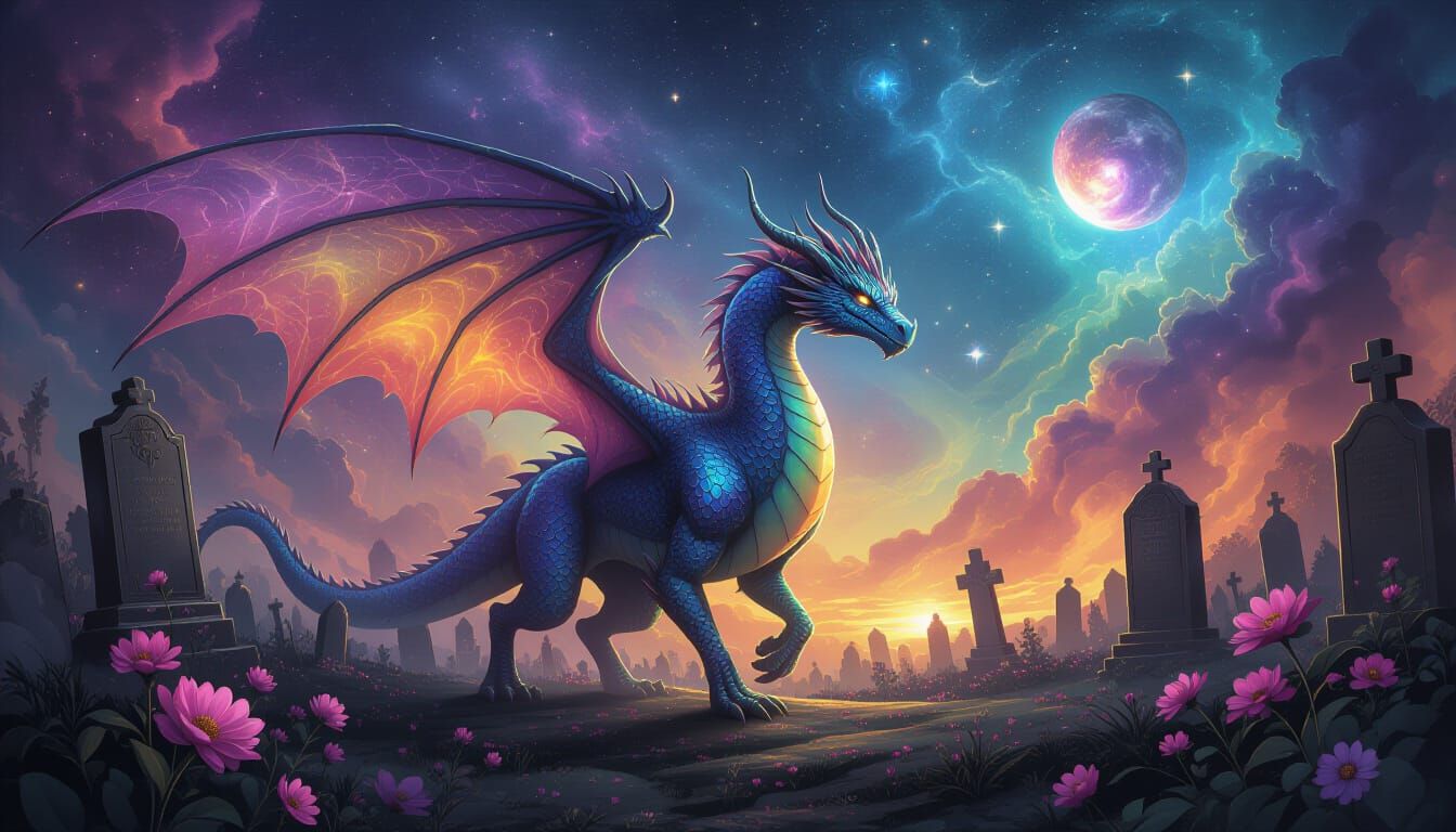 A majestic, ethereal Dragon with scales like spun rainbows walks through a cosmic Graveyard where stars bloom like flowers. Nebulae swirl in...