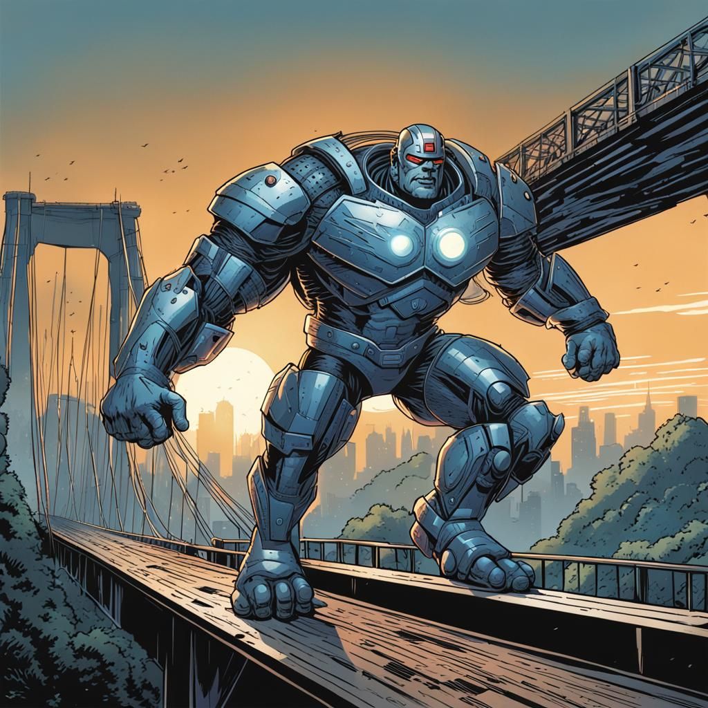Giant Cyborg Wearing a Superhero Uniform Lifting Up A Bridge