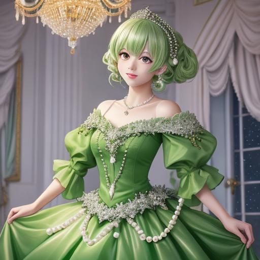 The apple green dress is decorated with pearls on the skirt,...