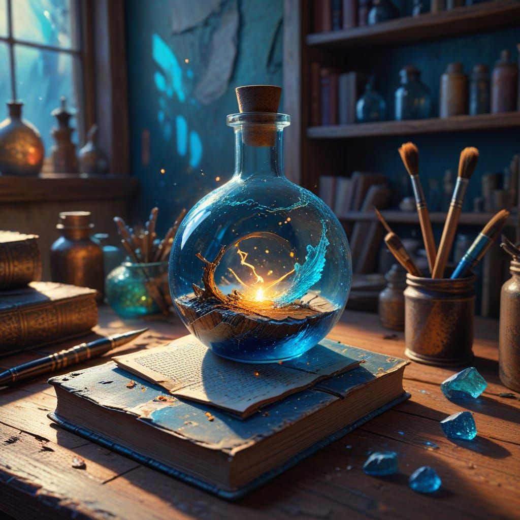 Surreal Potion Bottle Floats in Mystical Alchemical Workspac...