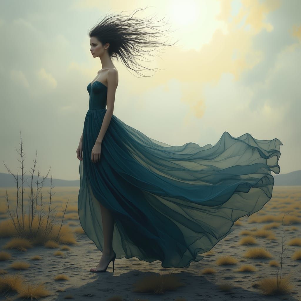 Avant-Garde Fashion on Wind-Swept Landscape