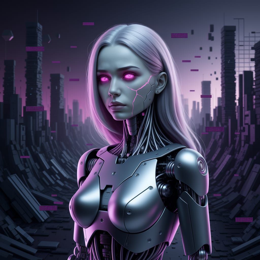 Android Seraph in Glitching Data Ruins Portrait
