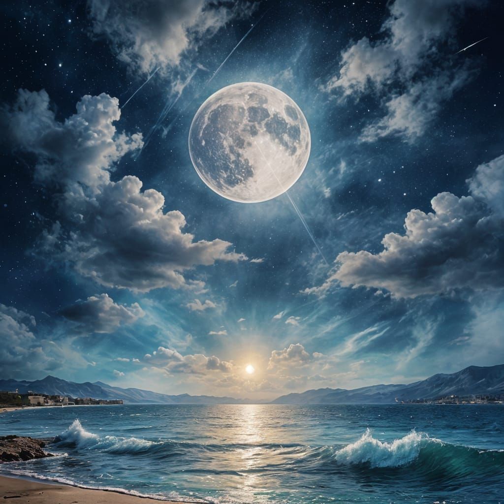 Watercolor Moon in a Starry Sky