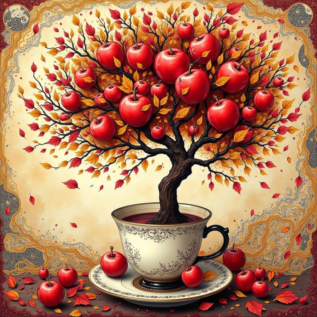 <lora:Weird:1.0> An abstract painting of an autumn apple tree in a teacup with gold red and brown leaves blown by the wind, red apples, swir...