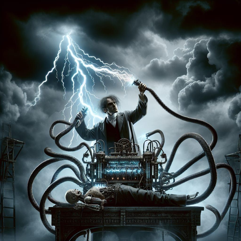 mad scientist attracting lightning from stormy sky, to give life to Frankenstein  by @Dr_Strange