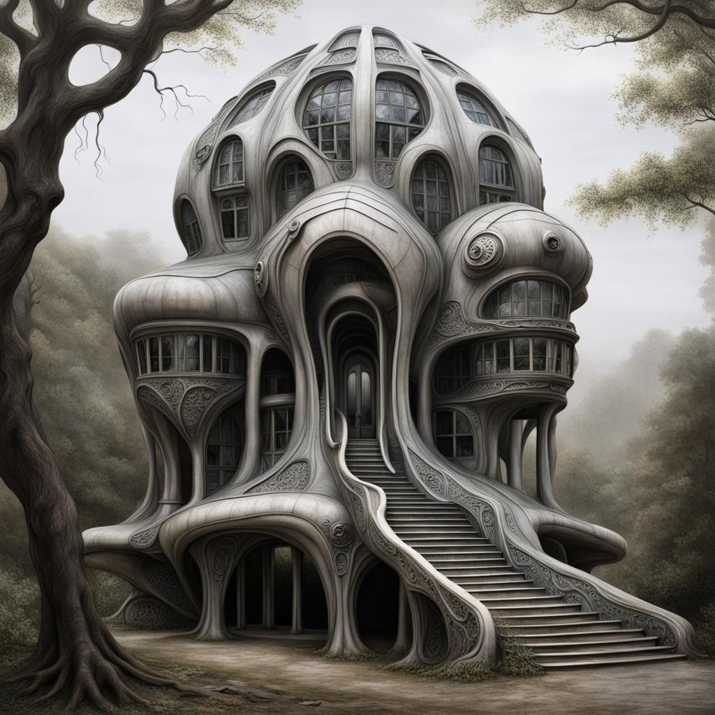 organic house, folly, by H R Giger, intricate detail , hyper realistic, on a hill  by @Si White