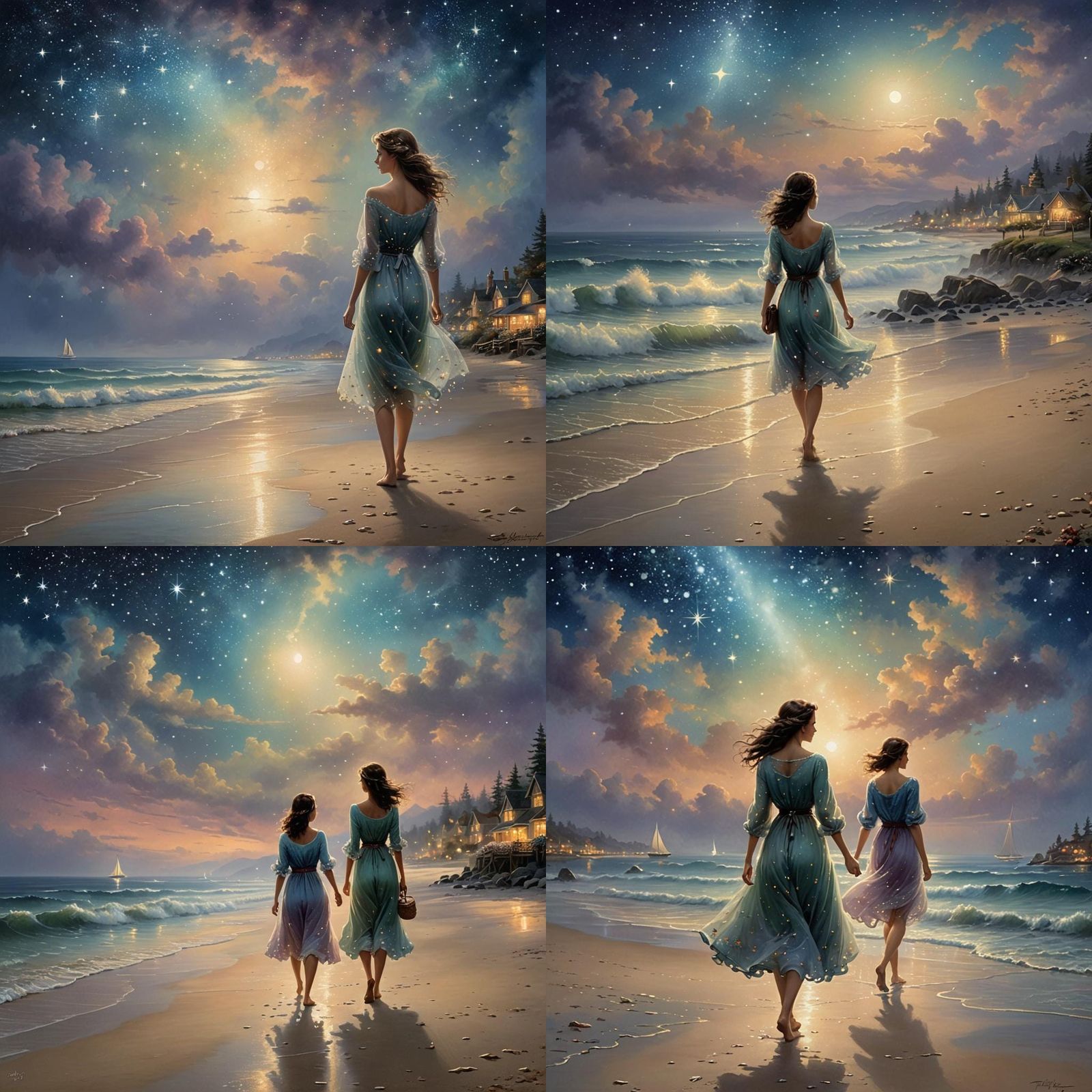 Girl walking on the beach at night while the stars are out