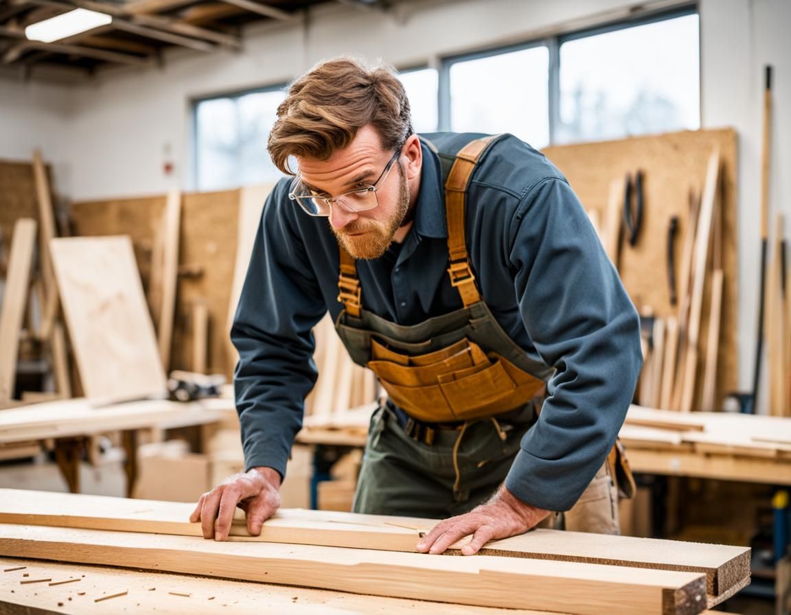An apprentice carpenter, fitting cut wood that is too short, looks