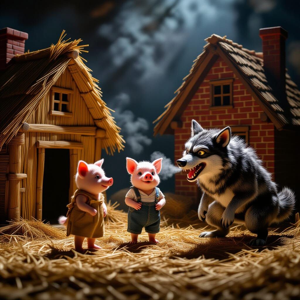 A pig couple talks to a suspicious wolf.