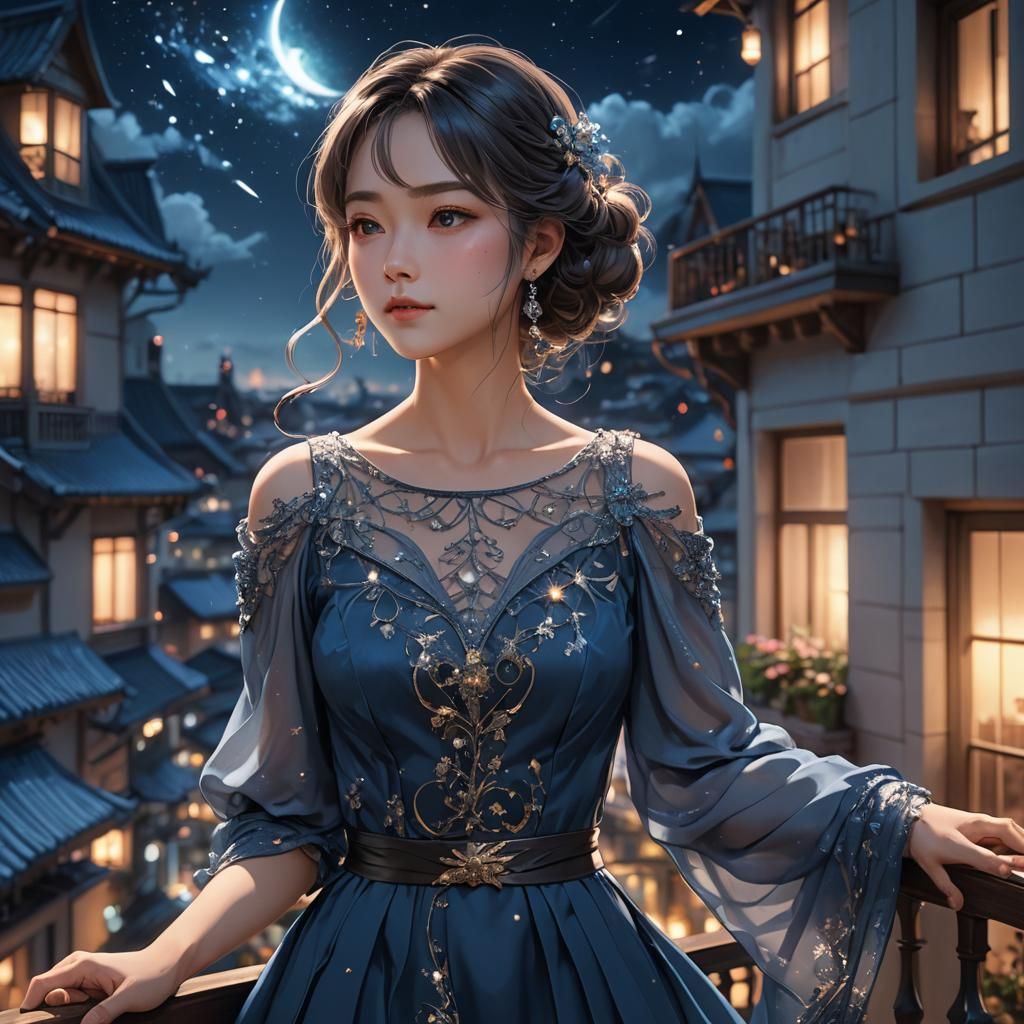 a beautiful woman wearing a smoked blue dress standing on a ...