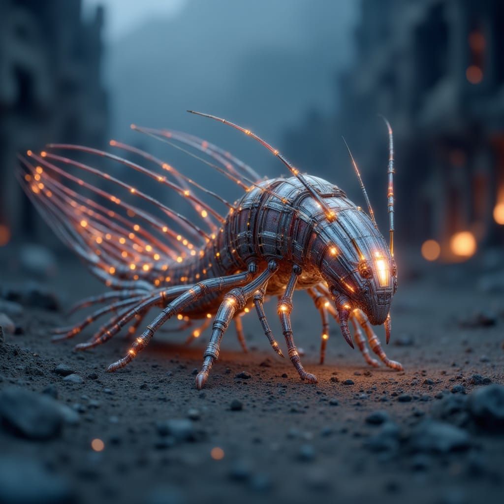 <lora:Animal Mutants:1.0> HD photography of a sci-fi alien mutant centipede with chrome-segmented armor and gas-emitting antennae, coiling a...