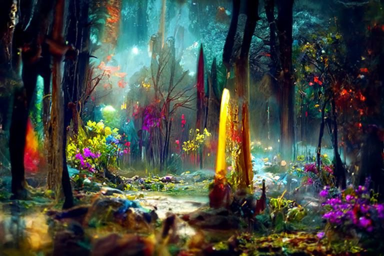 Woodland forest landscape, field of colorful flowers, forest...