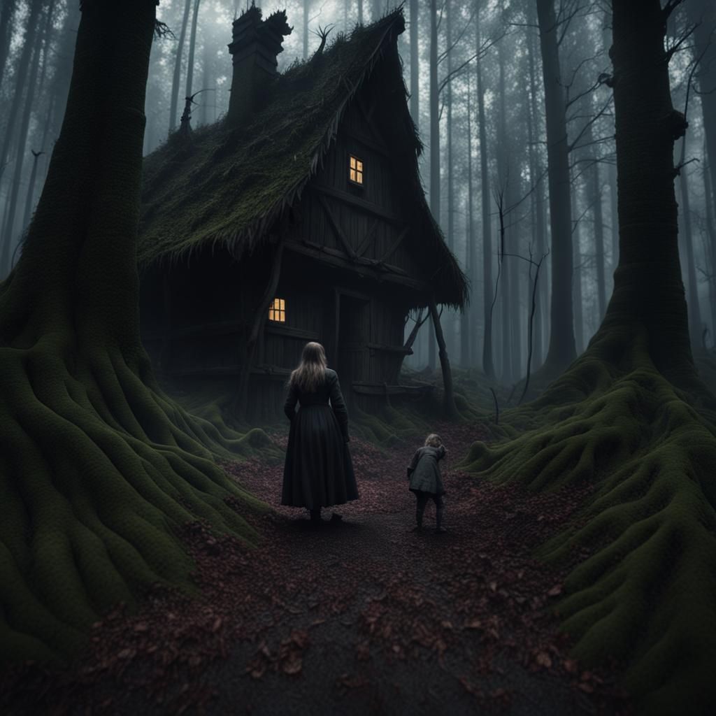 8K high definition, highly detailed, Hansel and Gretel meets the dark evil witch in a dark scary Forrest, ...  by @Versatilty