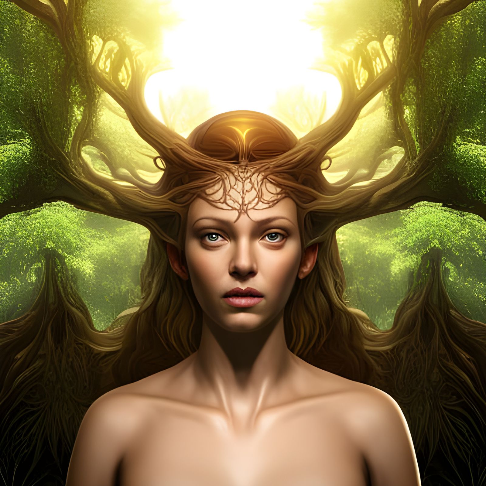 Forest Goddess Portrait with Tree Crown in Photorealistic St...