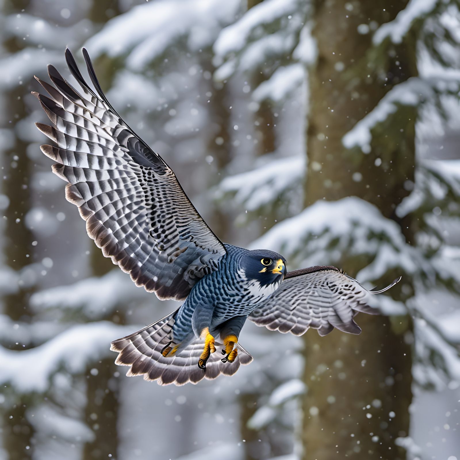 A Falcon flying in a snowy woodland