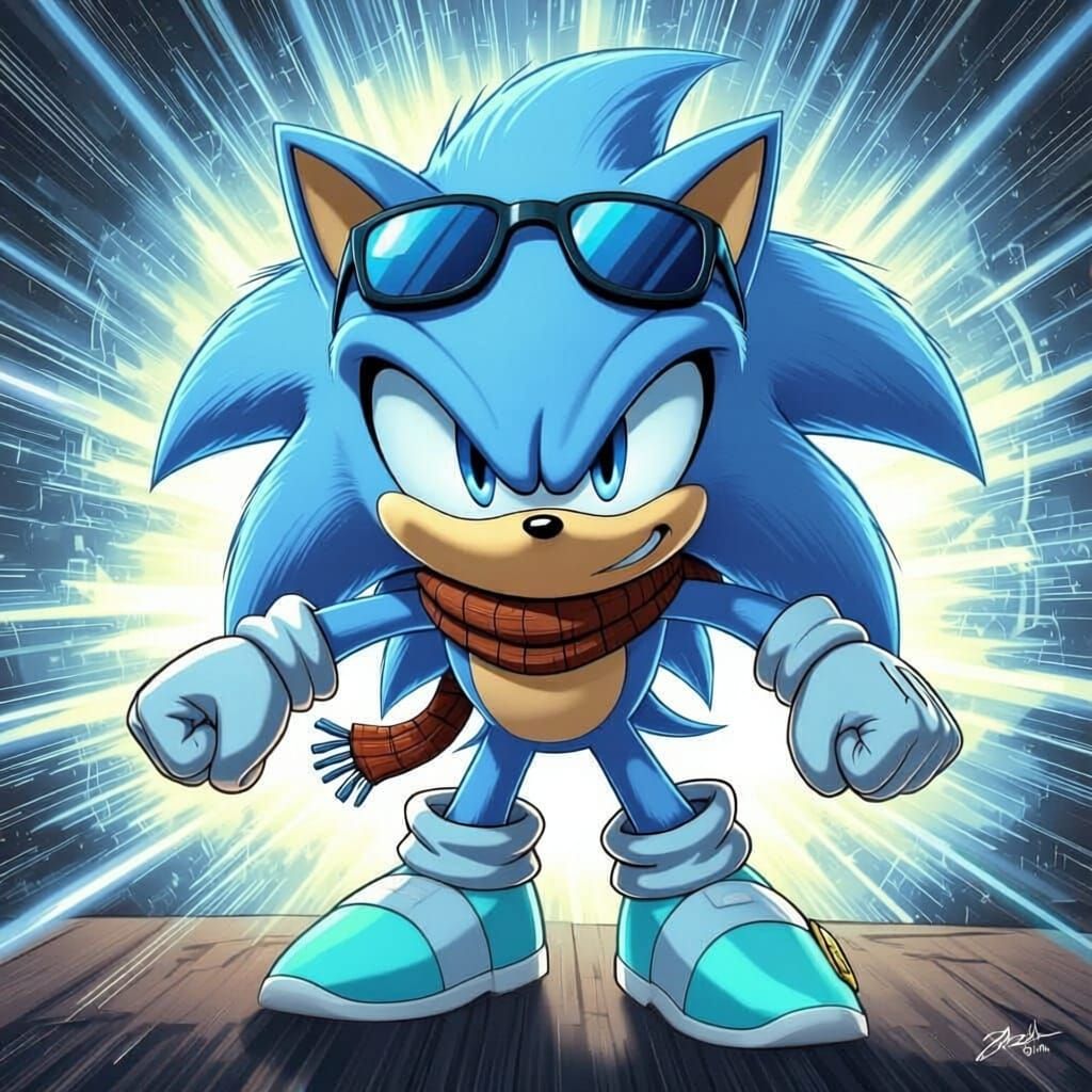 Sonic the hedgehog, but his fur is orange, he has highlights like shadow the hedgehog but they are light blue, he has sunglasses on his head...