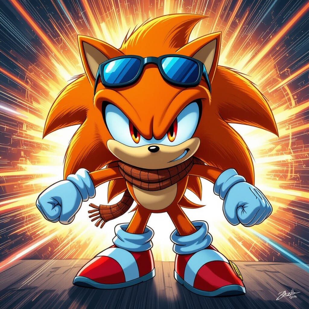 Sonic the hedgehog, but his fur is orange, he has highlights like shadow the hedgehog but they are light blue, he has sunglasses on his head...