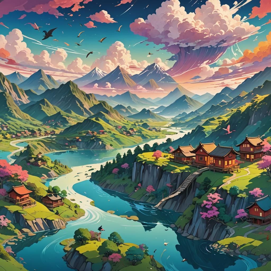 Surreal Anime Landscape with Floating Houses