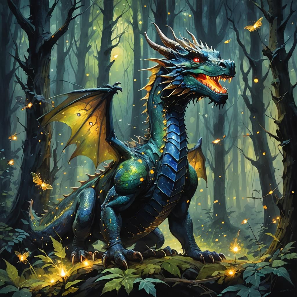 Dragon in a dark forest full of glowing fireflies, style of Rien ...