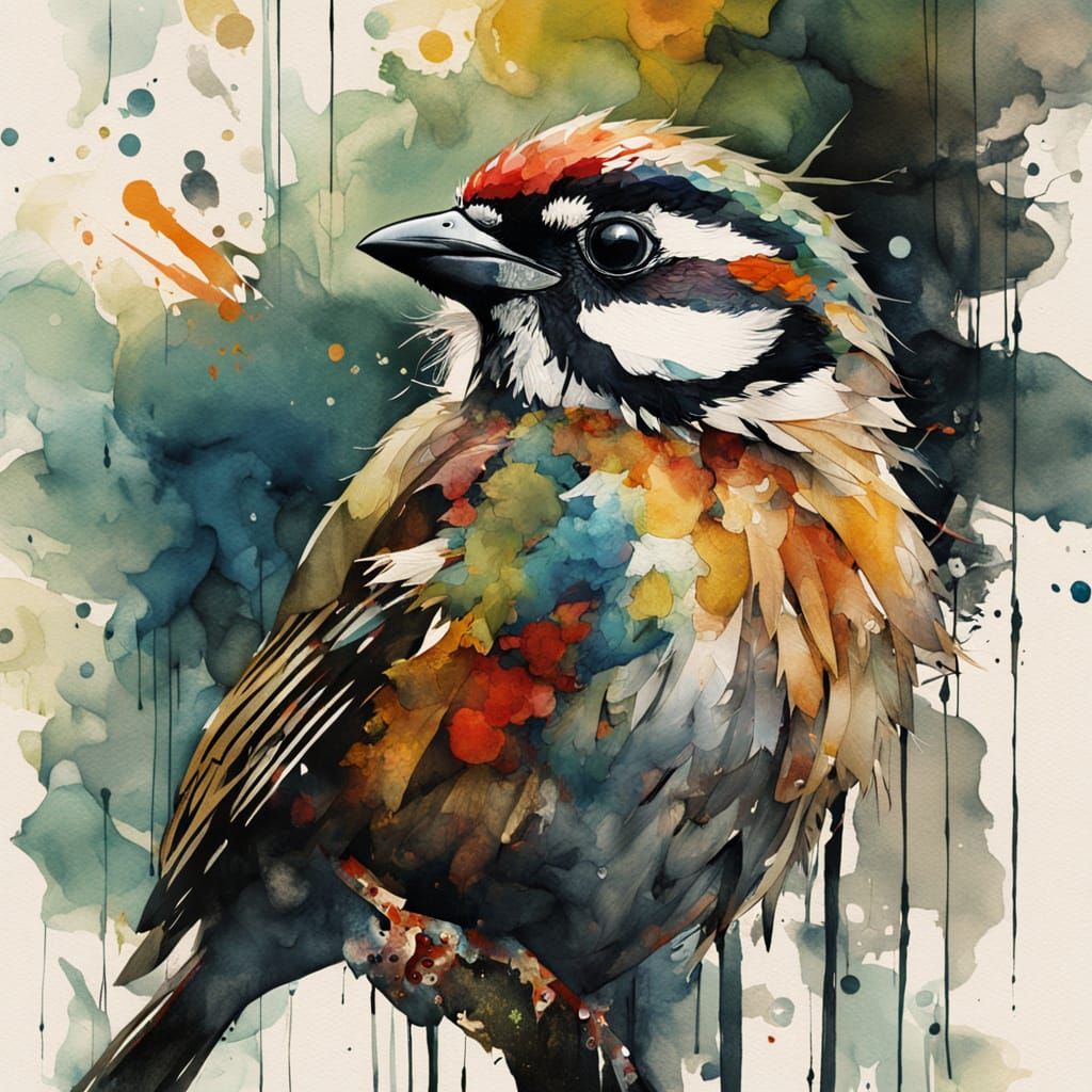 Vibrant Gouache Masterpiece: Disheveled Sparrow in Rainy Lan...