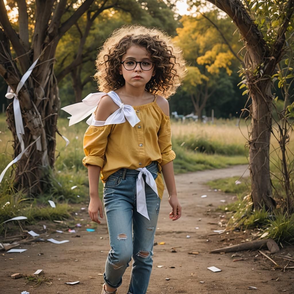 Beautiful little girl with very curly brown hair in a ponyta...