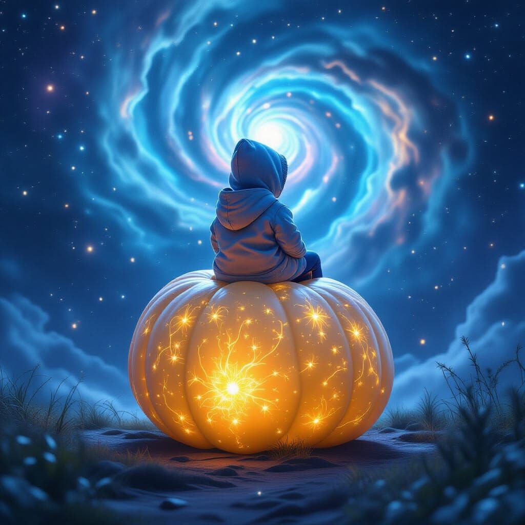 Child on Luminous Gourd Amidst Starry Expanse