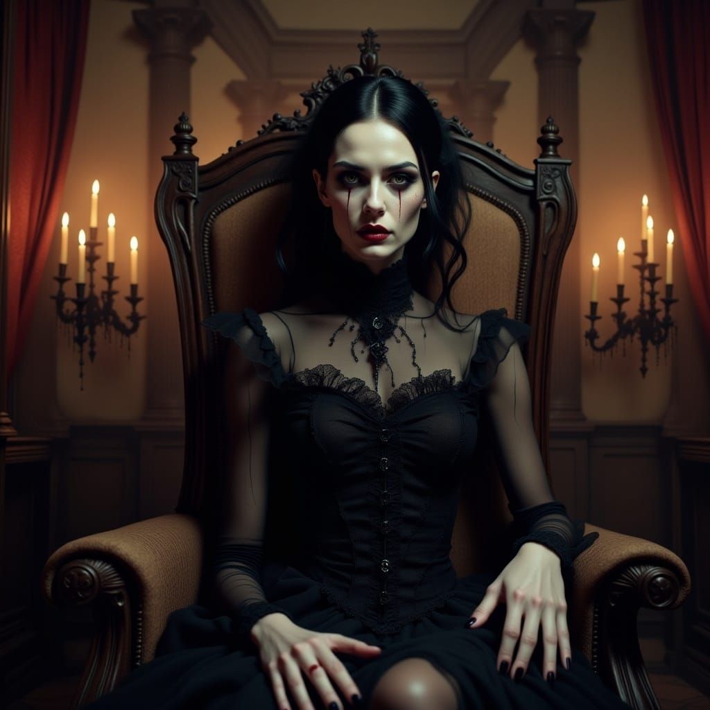 <lora:Nightmare v2:1.0>old oil portrait of a  beautiful goth vampire girl with blood on her mouth  , victorian black dress,  smiling with bl...